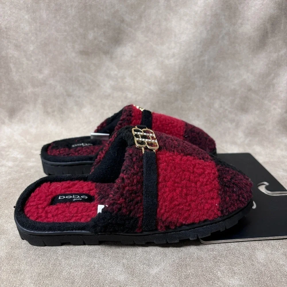 Bebe Plaid Girls Quilted Sherpa Slippers Red/Black Size Large 2/3